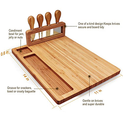 Widousy Bamboo Cheese Board Set, Cheese Tray, Charcuterie Board and Serving Meat Platter with 4 Stainless Steel Cheese Knives, Ideal for Wedding Gifts Christmas Birthday Party (14''x11'')