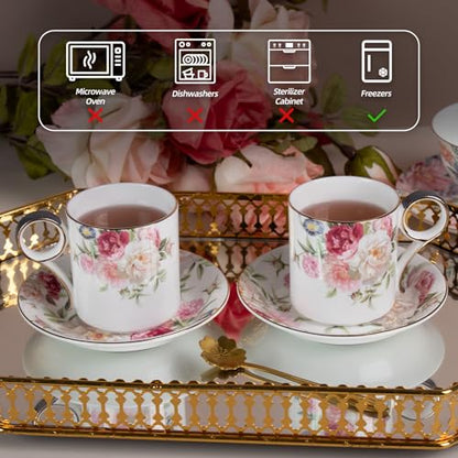 KAMMAK Tea Cups and Saucers Set of 2, Porcelain Coffee Cups, JBE014 | Stackable Espresso Mugs, Ceramic Demitasse for Coffee, Cappuccino, Latte, Americano, Tea - size: 8CZJBE014