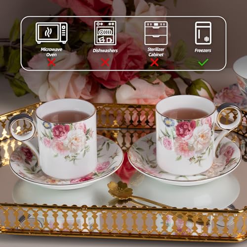 KAMMAK Tea Cups and Saucers Set of 2, Porcelain Coffee Cups, JBE014 | Stackable Espresso Mugs, Ceramic Demitasse for Coffee, Cappuccino, Latte, Americano, Tea - size: 8CZJBE014