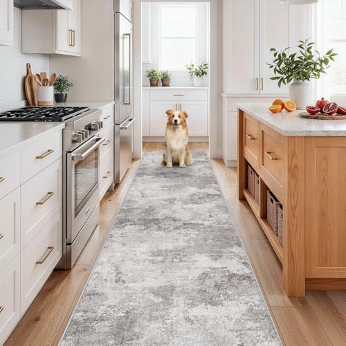 Washable 3x12 Hallway Runner Rug: Washable Non Slip Carpet Grey | Long Entryways Kitchen Living Room - Abstract Modern Neutral Thin Low Pile Runners 3x12 Grey - color: Grey01, size: 3' x 12' (Rectangular)