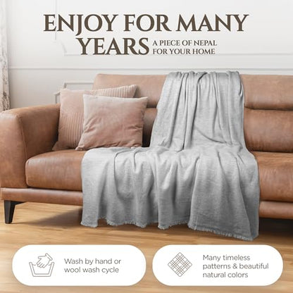 Cashmere Blanket – Hand Woven 100% Pure Wool Throw Blanket, 135 x 270 cm – Fine Herringbone Pattern Cozy, and Soft Blanket for Bed, Sofa, or Couch - Made in Nepal - color: Light Grey