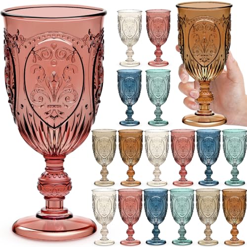 Wiwiqing Plastic Goblets 10oz Upgrade Vintage Water Goblet Plastic Wine Glasses Colored Retro Embossed Glassware for Party Wine Bar Juice Baby Shower Wedding Reception Grand (Multicolor,18 Pack) - color: Multicolor