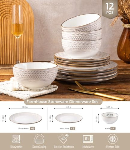 GBHOME Stoneware Dinnerware Set for 4, 12 piece Farmhouse Plates and Bowls | Elegant Embossed Ceramic Dish Set, Scratch Resistant, Microwave & Dishwasher Safe, Off white - color: Off White-Wheat Ear