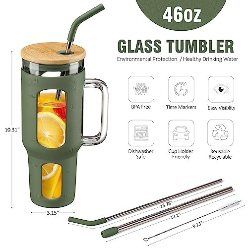 WINSA Glass Tumbler with Lid and Straw, 46 oz, Olive | Iced Coffee Cup with Handle, Large Water Bottle with Silicone Sleeve, Pearl Straw & Drinking Straw, BPA Free - color: Olive, size: 46 Ounces