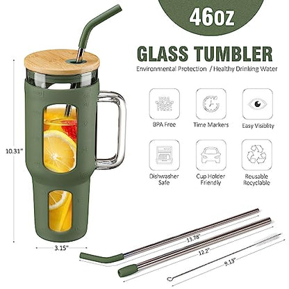 WINSA Glass Tumbler with Lid and Straw, 46 oz, Olive | Iced Coffee Cup with Handle, Large Water Bottle with Silicone Sleeve, Pearl Straw & Drinking Straw, BPA Free - color: Olive, size: 46 Ounces