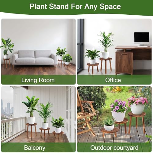 3 Pack Wooden Plant Stand Indoor, Mid-Century Modern Stool | 3 pack wooden plant stool for 6-11" pots, tall corner flower pot holder for indoor & outdoor living room, balcony & patio