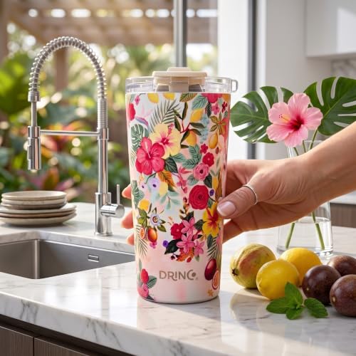 Drinco - 20 oz Stainless Steel Tumbler | Double Walled Vacuum Insulated Mug With Lid, 2 Straws, For Hot & Cold Drinks (20oz Tropical Bloom) - color: 20oz Tropical Bloom
