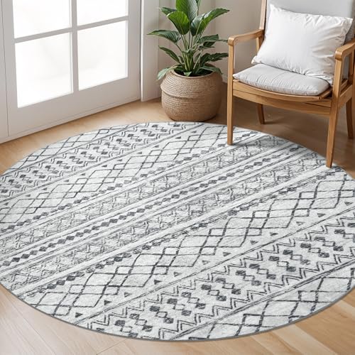 KUTA Boho Round Washable Rugs 5Ft Grey Moroccan Circle Area Rug | Non-Slip, Non-Shedding, Low Pile, Ultra Soft Geometric Circle Throw for Entrance Kitchen Living Room Bedroom Nursery Dorm - color: Grey, size: 5' (Round)