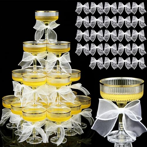Set of 24 Plastic Champagne Coupe Glasses with Bow 7 oz Gold Champagne Tower Set Stackable Acrylic Ribbed Martini Glasses Cocktail Coupe Cup for Wedding Birthday Party Bar(Organza,White) - color: White, style: Organza