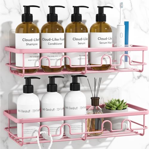 Adhesive Shower Caddy, Large Capacity Shower Racks for Inside Shower, No Drill Bathroom Shower Organizer and Storage, 2 Pack Pink Bathroom Shelves, Home Decor Rv Accessories, Apartment - color: Pink