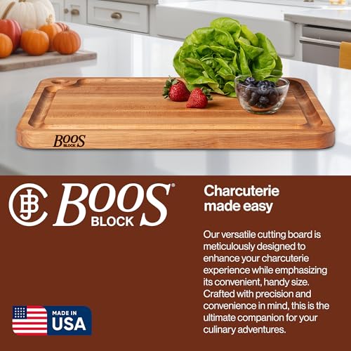 John Boos Prestige Series Rectangular Wooden Maple Cutting Board 22”x16” – 1.25” Thick, 13-lb Reversible Butcher Block with Juice Groove, Edge-Grain & Finger Grip Hole – Made in the USA - size: 22"L x 16"W