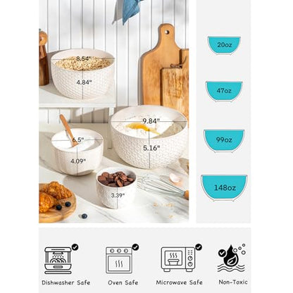 Ceramic Mixing Bowls, Embossed Nesting Bowls Set of 4, Mixing Bowl Set for Serving, Baking, Cooking and Gift, Microwave and Dishwasher Safe, 20/47/99/148 oz, Off-White - size: 20&47&99&148 oz
