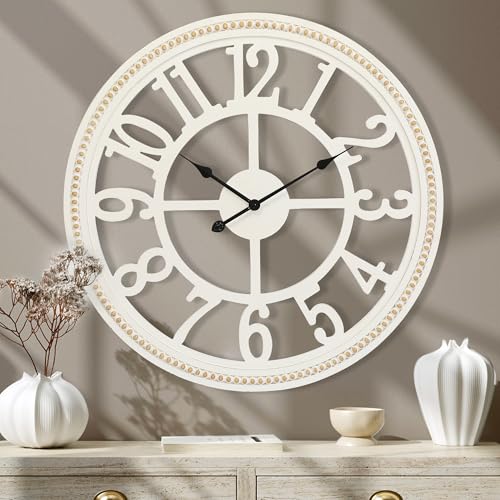 RiteSune Farmhouse Wall Clock 30 Inch, Large Wall Clock with Boho Beads, Wooden Silent Wall Clocks Battery Operated Easy Read, Clocks for Wall Decor | Wooden Silent Wall Clocks Battery Operated Easy Read, Clocks for Wall Decor - color: White, size: 30 Inc