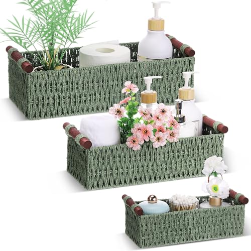 Boao 3 Pcs Boho Storage Wicker Baskets Handmade Woven Decorative Paper Rope Baskets for Organizing with Handle Countertop Toilet Paper Storage Container for Toilet Tank Top - color: Green, style: Rectangle