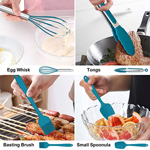 LIANYU 14 Pcs Silicone Kitchen Cooking Utensils Set with Holder,Dark Blue | 446°F Heat Resistant Silicone Cooking Utensils Spatula Set, Non-Stick & Dishwasher Safe Cooking Tools, Comfort Grip Handle - color: Dark Blue