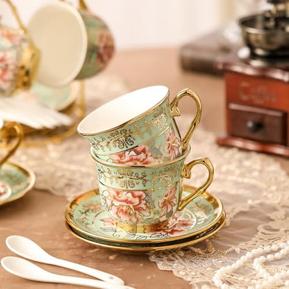 20 Pieces Porcelain Tea Set With Metal Holder, European Ceramic tea set for adults,Flower Tea Set,Tea Set For Women With Flower Painting（Light Green） - color: Light Green