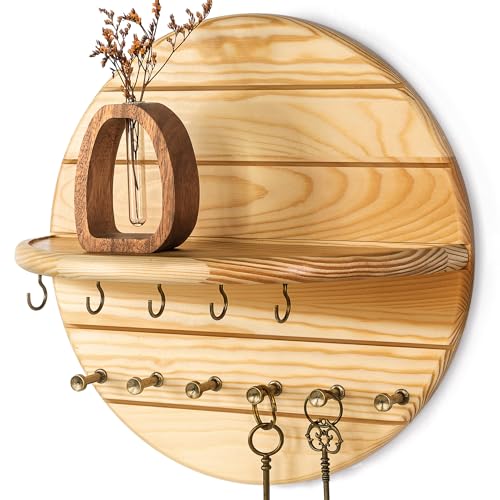 Rebee Vision Key Holder Wall Mount for Farmhouse Wall Decor, Natural Wood | Pine Wood, Round Wall Shelf, Key Hanger for Kitchen & Entryway, Letter Display, Plant & Mail Organizer, Farmhouse Home Decor - color: Natural Wood