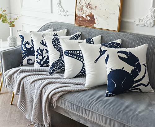 Embroidered Crab Throw Pillow Cover,Square 18 Inches Decorative Crab Canvas Pillow Cover for Nautical Style Deco by (Navy-Crab-New)