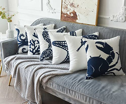 Embroidered Crab Throw Pillow Cover,Square 18 Inches Decorative Crab Canvas Pillow Cover for Nautical Style Deco by (Navy-Crab-New)
