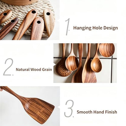 11 Pcs Acacia Wood Kitchen Utensils Set with Storage Holder, Handcrafted Natural Wooden Cooking Tools, Gentle for Non-Stick Cookware, Farmhouse Kitchen Decor & Ideal Housewarming Gift Style-C