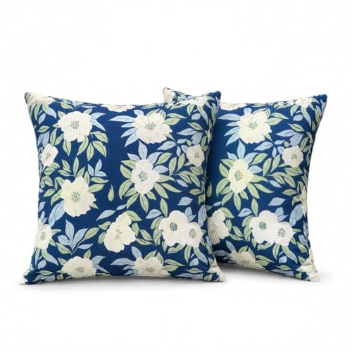 Outdoor Throw Pillows 18×18 Inch | Pack of 2 Waterproof Decorative Throw Pillows with Inserts, Square Pillows for Bed, Couch, Sofa and Patio Furniture - color: Blue Magnolia Virginana