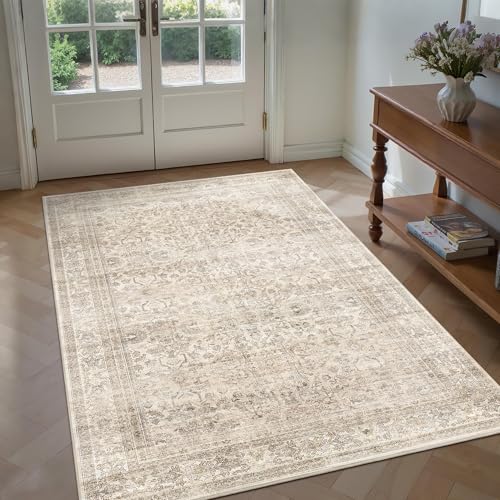 Schweek 3x5 Washable Area Rugs Vintage Floral Non Slip Entryway Rug Beige | Neutral Soft Low Pile Area Rugs, Retro Distressed Thin Throw Rug for Bathroom, Kitchen, Bedroom, Nursery, Dining, Office - color: Beige, size: 3' x 5' (Rectangular)