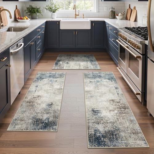 GENIMO Kitchen Rugs Set of 3, Washable Non Slip Kitchen Mats for Floor | 20"x32"&20"x48"&20"x59", Blue vintage abstract rug, soft faux cashmere, low pile, easy-clean for laundry - color: Blue, size: 20"x32"+20"x48"+20"x59"