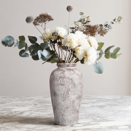 Terracotta Vase, Rustic Farmhouse Vase, Large Ceramic Vases for Centerpieces, Farmhouse Decor for Living Room, Shelf, Entryway, Room Decor, 11 inch - color: Brown and White