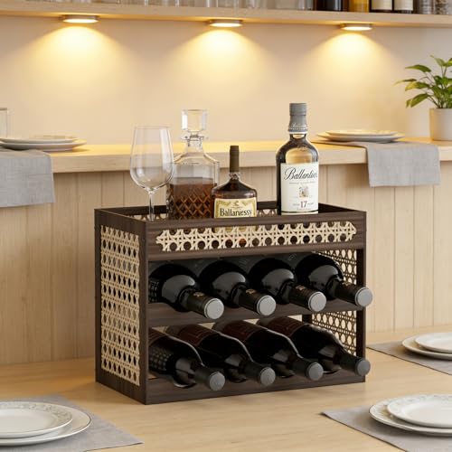 3-Tier Counter Wine Rack, Wine Racks Countertop & Wine Rack for Inside Cabinet - Solid Pine Wood & Rattan Mesh, Tilted Design, Portable Bar for Home Kitchen