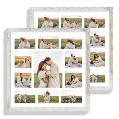 Hongkee 20x20 Square Frame 2 Pack, Fits 11 Photo with Mat- Real Glass Cover | Distressed White Wooden, Display Collage One 8x10, Four 5x5, Six 4x6 - Wall Mounting, fits Photos, Posters and Art - color: Distressed White, size: 20x20 in with mat