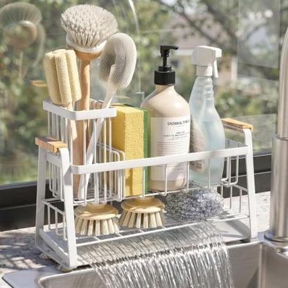 Housolution 2-Tier Sponge Holder for Kitchen Sink Caddy with Brush Holder | Auto-Draining, Suction Cups, Wooden Handle , Kitchen Sink Countertop Organization Storage, Dish Soap Holder, Rustproof, White - color: White