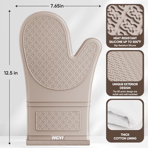 Silicone Oven Mitts, Heat Resistant Oven Gloves with Quilted Liner, Waterproof & Non-Slip Kitchen Mittens for Baking Cooking BBQ, 500°F, 12.5"-Milkshake Beige - color: Milkshake Beige