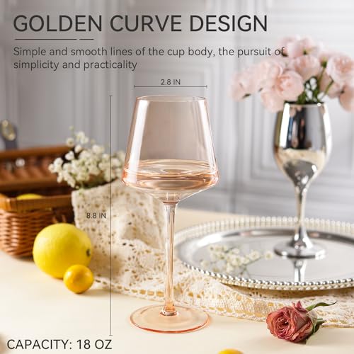 Light peach orange Wine Glasses Set of 6,18oz Blush Pink Wine Glassware Gift Set-Pale peach Hand Blown light peachy-orange Glass Drinkware for Red White Wine - color: Light Amber