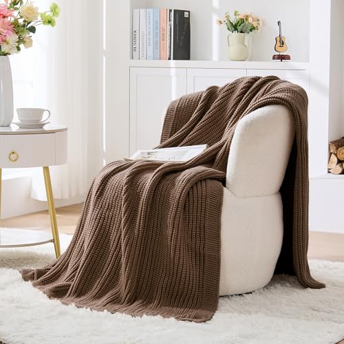 Chunky Knit Brown Throw Blanket for Couch 50"x60" | Soft Cozy Lightweight Ribbed Fisherman-Knit Blanket,Dark Brown,All-Season Warmth Cute Decorative Throw for Sofa Bed - color: Dark Brown, size: 50"x 60"