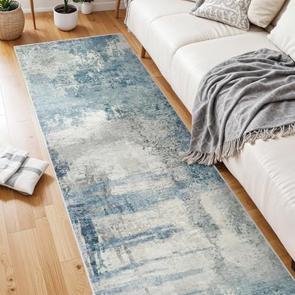 8 Foot Washable Runner Rug: Non Slip Abstract Kitchen Entryway Carpet Blue | Bedroom - Soft Stain Resistant Easy Clean Mat for Family with Pets - color: Blue, size: 2'6" x 8' (Rectangular)