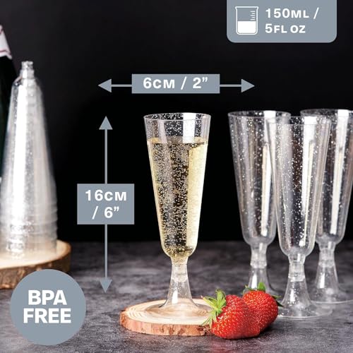 MATANA 24 Plastic Champagne Flutes Silver Glitter 5oz - Reusable Toasting Glasses, Cocktail Prosecco Glasses for Weddings, Birthdays, Christmas, BBQ, Parties - color: Silver Glitter, size: 24 Pack