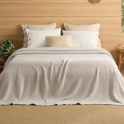Bedsure Lightweight 100% Cotton Waffle Blanket, Oversized King, Linen | Summer, Breathable, Soft, Comfort, Light, Thin, Textured, Bed, Couch, Sofa, Chair, 120"x94", Sheet Blanket, Cozy Gifts - color: Linen, size: Oversized King (120" X 94")