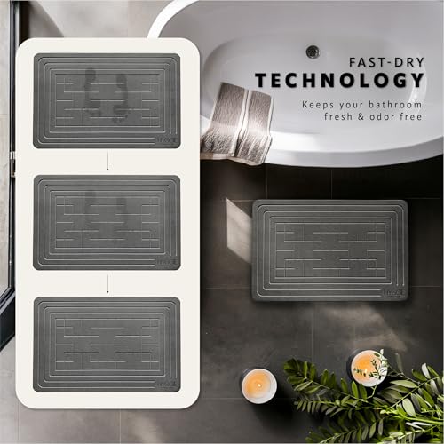Diatomaceous Earth Stone Bath Mat - Ash Tile | Modern Fast Dry Bathroom Floor Shower Mat, Quick Drying Premium Luxury Diatomite Spa Stone Gift, Non-Slip Base, 23.6" x 15.4" - color: Ash Tile