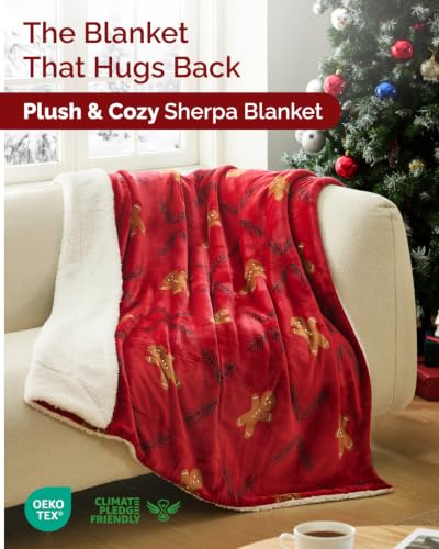 Christmas Sherpa Blanket Throw, Reversible Blanket - Gingerbread Man, 50x60 | Super Soft Double Sided Throw for Bed, Sofa, Couch, Reversible Sherpa Fleece Blanket, Thick, Warm, Plush, Xmas Winter Bedding - color: 03- Gingerbread Man