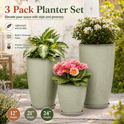 Neoaider Set of 3 Tall Planter, 24/21/12in Large Plastic Planter, DripGlaze | Ceramic-Look, Lightweight, Built-in Drain Hole, Saucers, Tall Outdoor Planter for Porch, Garden, Patio, Balcony - color: Drip Glaze