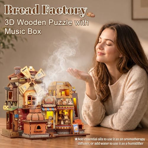 Fsolis 3D Wooden Puzzles for Adults - Mechanical Bread Factory Building Kit | Rotating Miniature House Kit with Music & Lights & Steam Effect, 572pcs, Gifts for Experienced Builders Model Project Lovers - style: Bread Factory