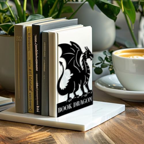 5.3"x4.3"x6.9" Metal Bookends, Heavy Duty Book Ends for Shelves | Dragon Theme Cast Iron Book Supports, 1 Pair Decor Stoppers for Desk, Library, Office & Home Shelves - style: Dragon