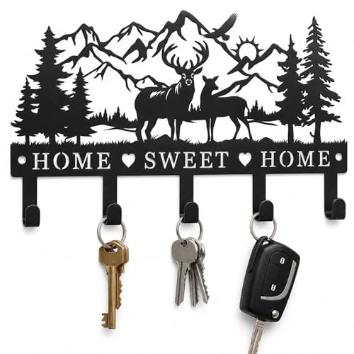 Deer Mountain Metal Key Holder Wall Mount Key Holder for Wall Rustic Cabin Decor Key Rack Hooks Hanger Woodland Wildlife Wall Art Entryway Organizer Housewarming Hunting Gifts - size: Small, style: Sweet Home