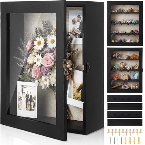 Gerrii Shadow Box Display Case 13 x 16 - Deep 5 Inch Large Wooden Picture Frame with Linen Back, Removable Shelves, Wooden Memory Case for Wedding Bouquets, Photos, Medals & Keepsakes, Black - color: Black, size: 13 x 16 Inches