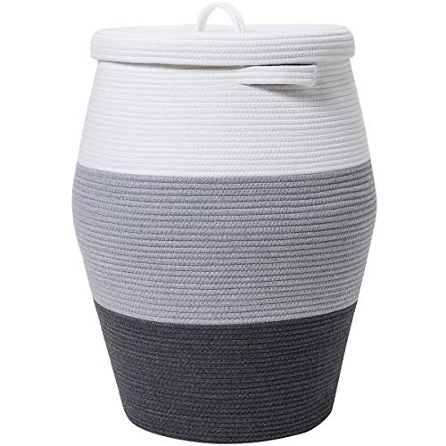 26"x20" Extra Large Tall Woven Laundry Basket with Lid, Cotton Rope Blanket Storage Basket, Freestanding Decorative Bin for Bedroom Living Room, White & Dark Grey - color: Grey/Dark Grey, size: 26"x20"