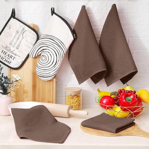 100% Cotton Waffle Weave Kitchen Dish Cloths, 6 Pack Ultra Soft Absorbent, Quick Drying Dish Towels, 12x12 Inches, Dish Rags for Drying Dishes & Daily Kitchen Use, Brown - color: Brown