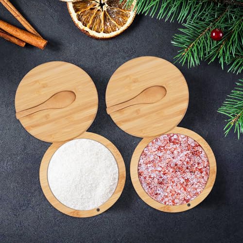 3 Pack Round Bamboo Salt Cellar Box with Magnetic Swivel Lid & Spoon,6 OZ | Round Salt Container Holder Spice Box with Label Stickers to Storage Pepper Spice Sea Herbs Sugar for Countertop,6 OZ