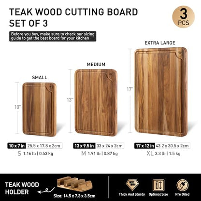 3 Pack Teak Wood Cutting Board Set for Kitchen Charcuterie Board Serving Heavy Duty Non Toxic Slip Over Sink Solid Thick Haus Wooden Chopping Board Large Big Small Meat Best Kitchen Mother Gift - style: Set of 3 with Holder