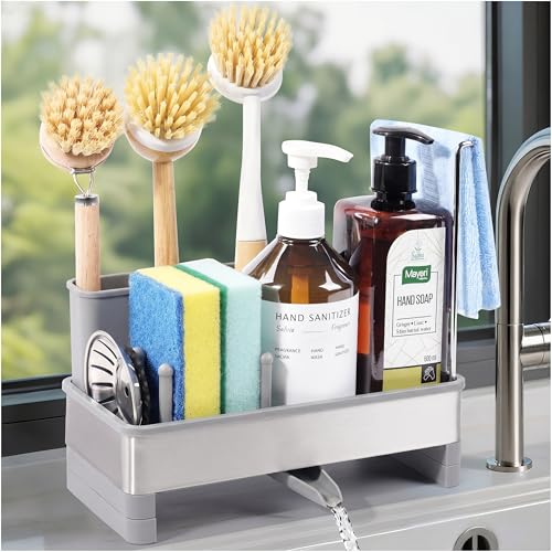 Sponge Holder for Kitchen Sink Caddy Organizer, Dish Brush Holder | Stainless Steel Sponge Caddy for Kitchen Countertop Organizer, Rustproof Dish Soap and Sponge Rack with Dishcloth Drying Rack - color: Gray