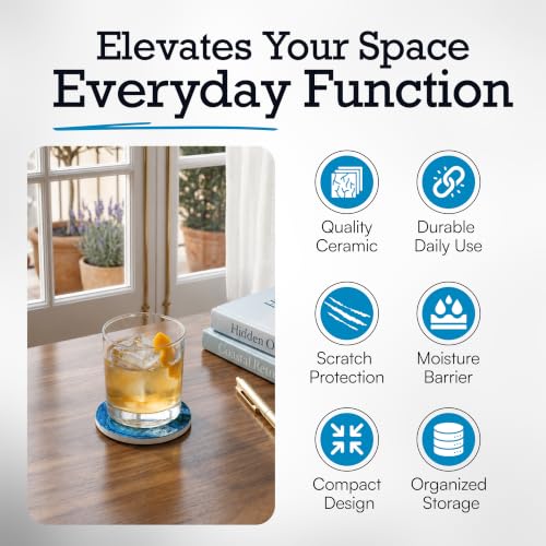 Luxury Stone Pattern Ceramic Coasters Set with Metal Holder (4, Blue) - color: Blue Agate, size: 4 Pack
